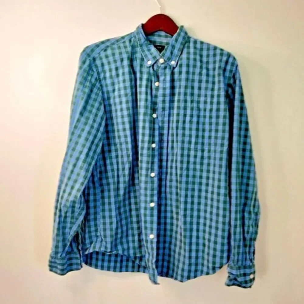 J Crew Men XL Button Down Long Sleeve Blue/Green Plaid Casual Work‎ Dress Shirt